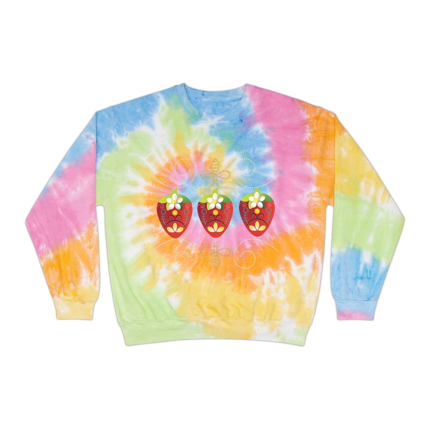 Pastel Tie-Dye Sweatshirt with Floral Strawberries, Cozy Pullover, Summer Casual Wear, Gift for Her, Rainbow Vibes